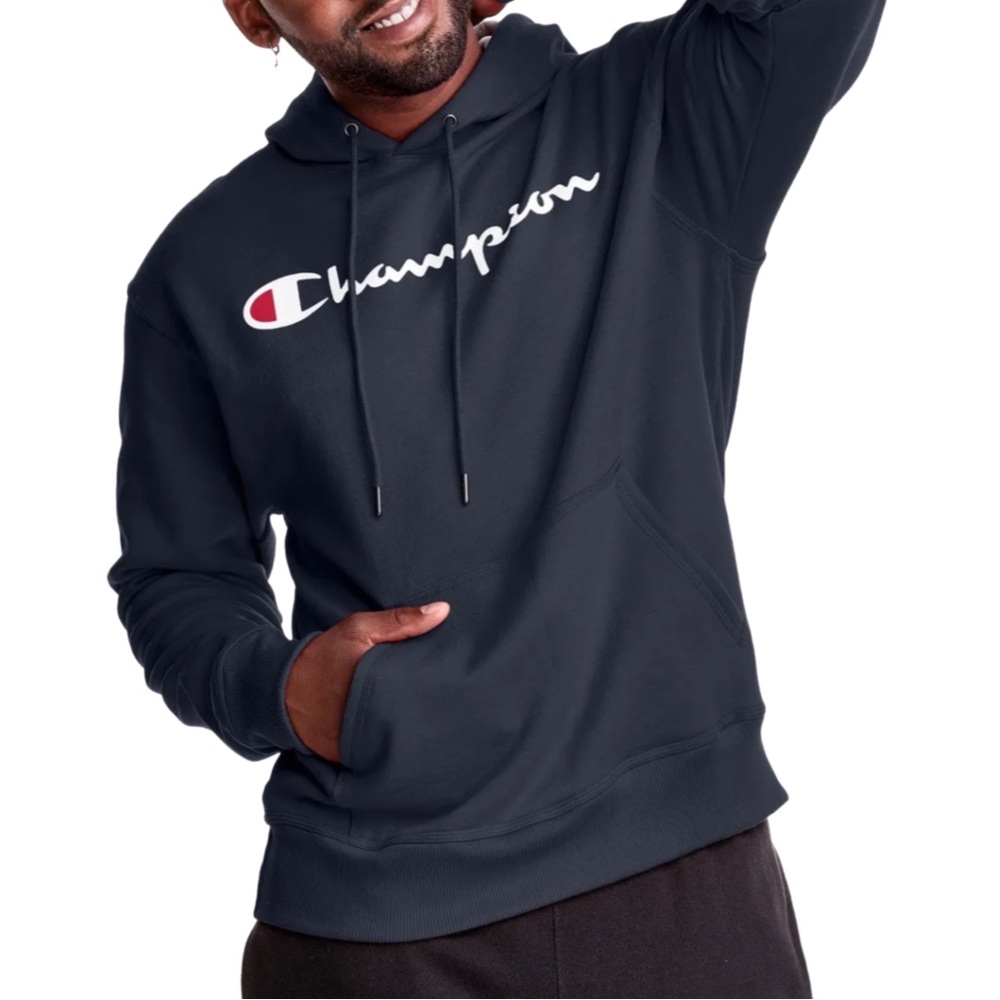 Champion Classic Logo Hoodie Navy Blue Pullover Sweatshirt Size XL Cotton Men's